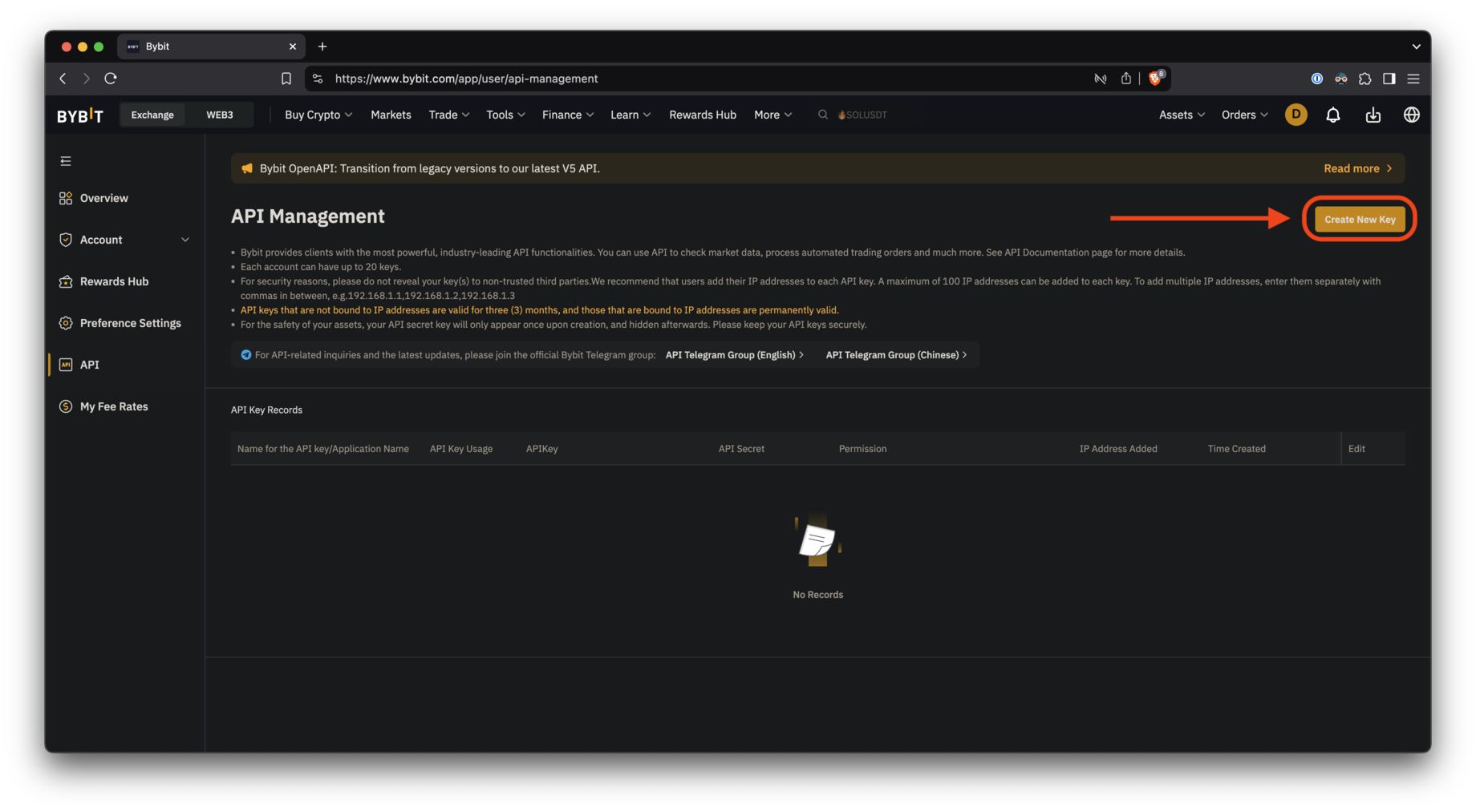 Create new key button