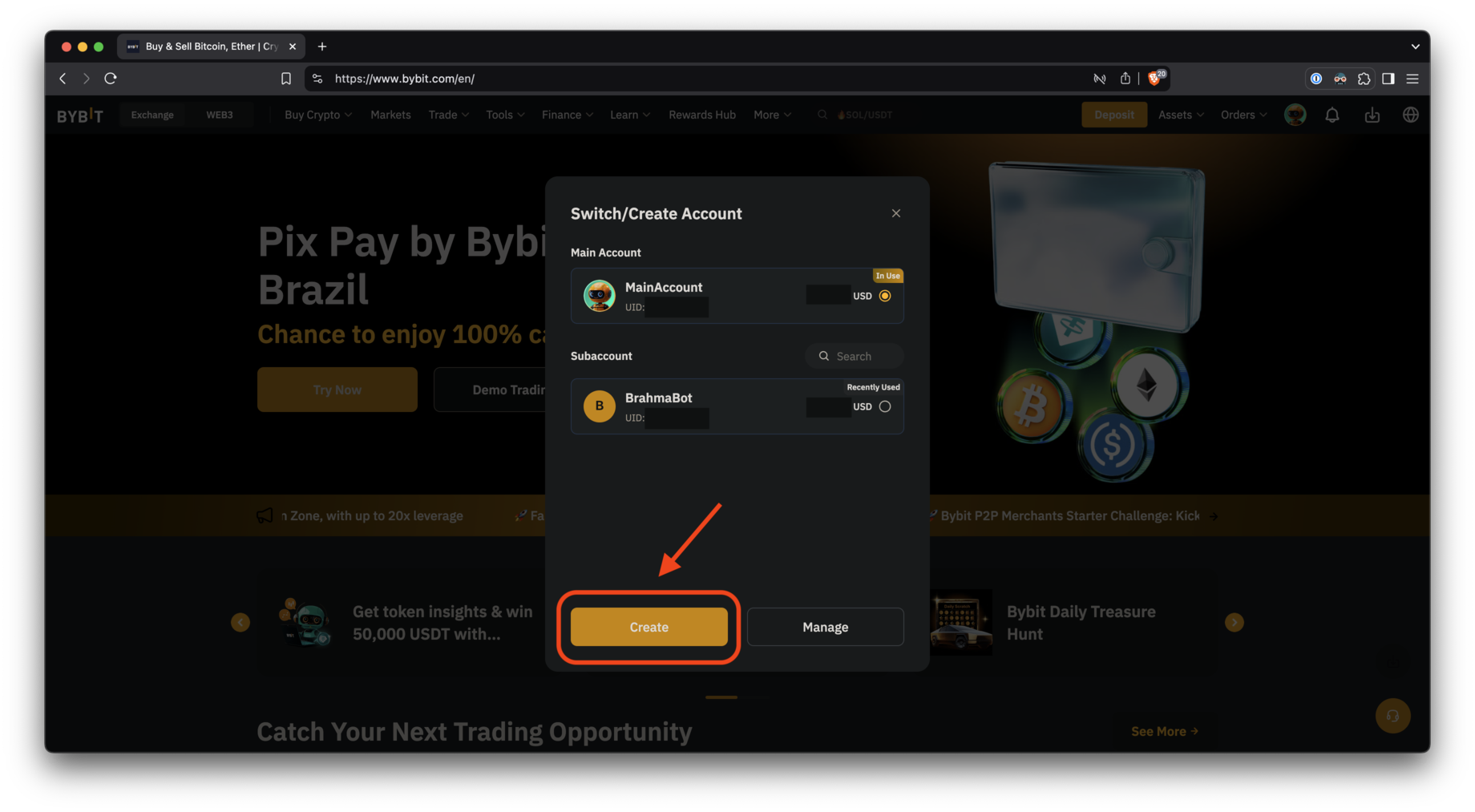 Sub-account creation menu