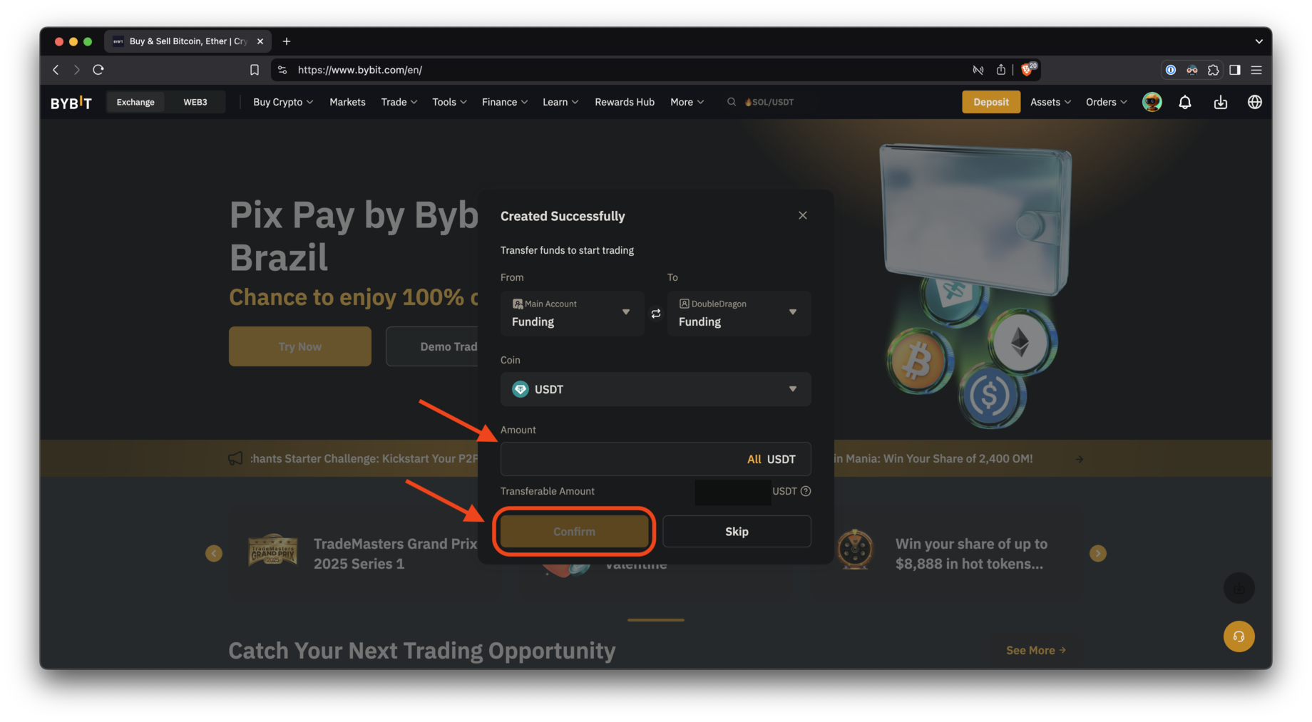 Transfer funds to the new account